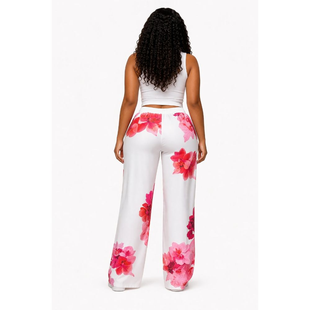 White and Pink Floral Wide Leg Pants for Women